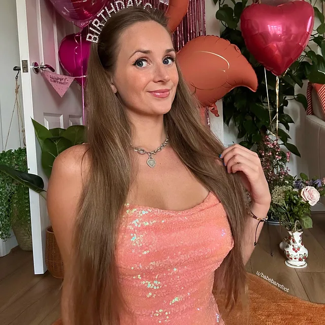 Celebrating my Birthday in a cute sparkly dress preview image for OnlyFans @babebarefootfree on Babe Plug